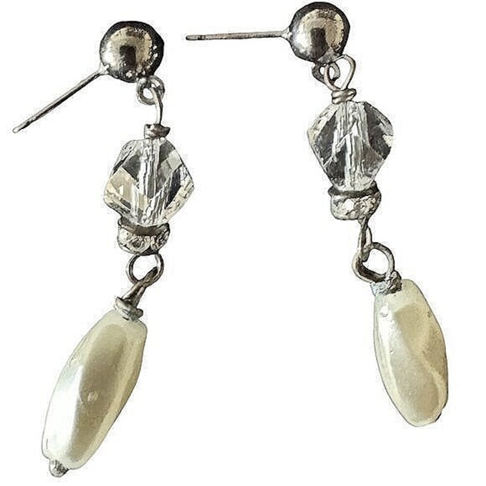 Vintage Dangle Earrings Women Small Silver Excellent Pearl Lever Back 2 Pairs - Picture 7 of 9
